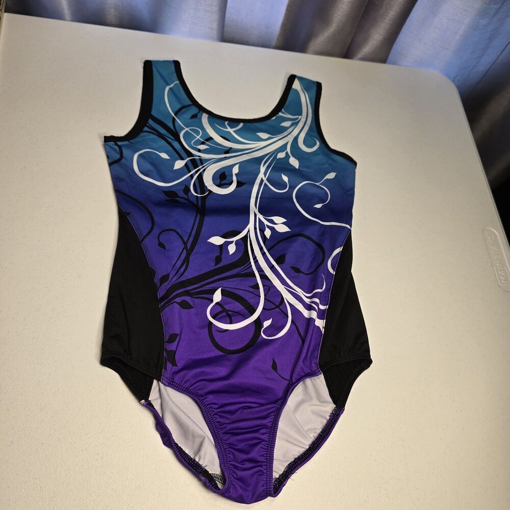 Danskin Now Leotard Large 10/12 Purple Blue Black Sleeveless Recycled Polyester